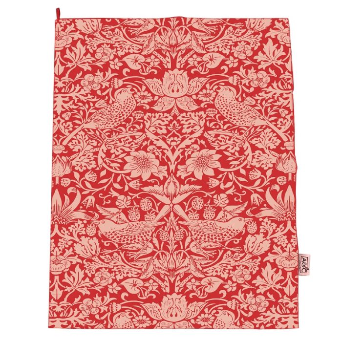 Red and cream floral patterned tea towel with birds and flowers