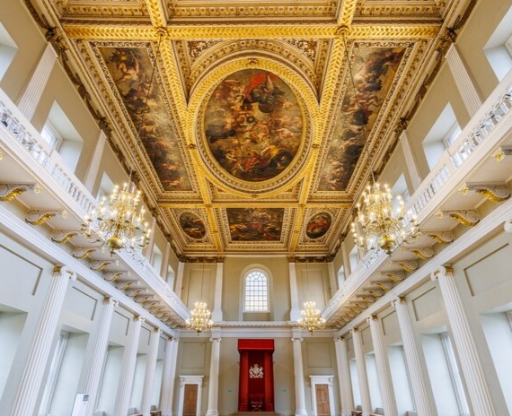 An interior shot of the painted Rubens ceiling at Banqueting House.